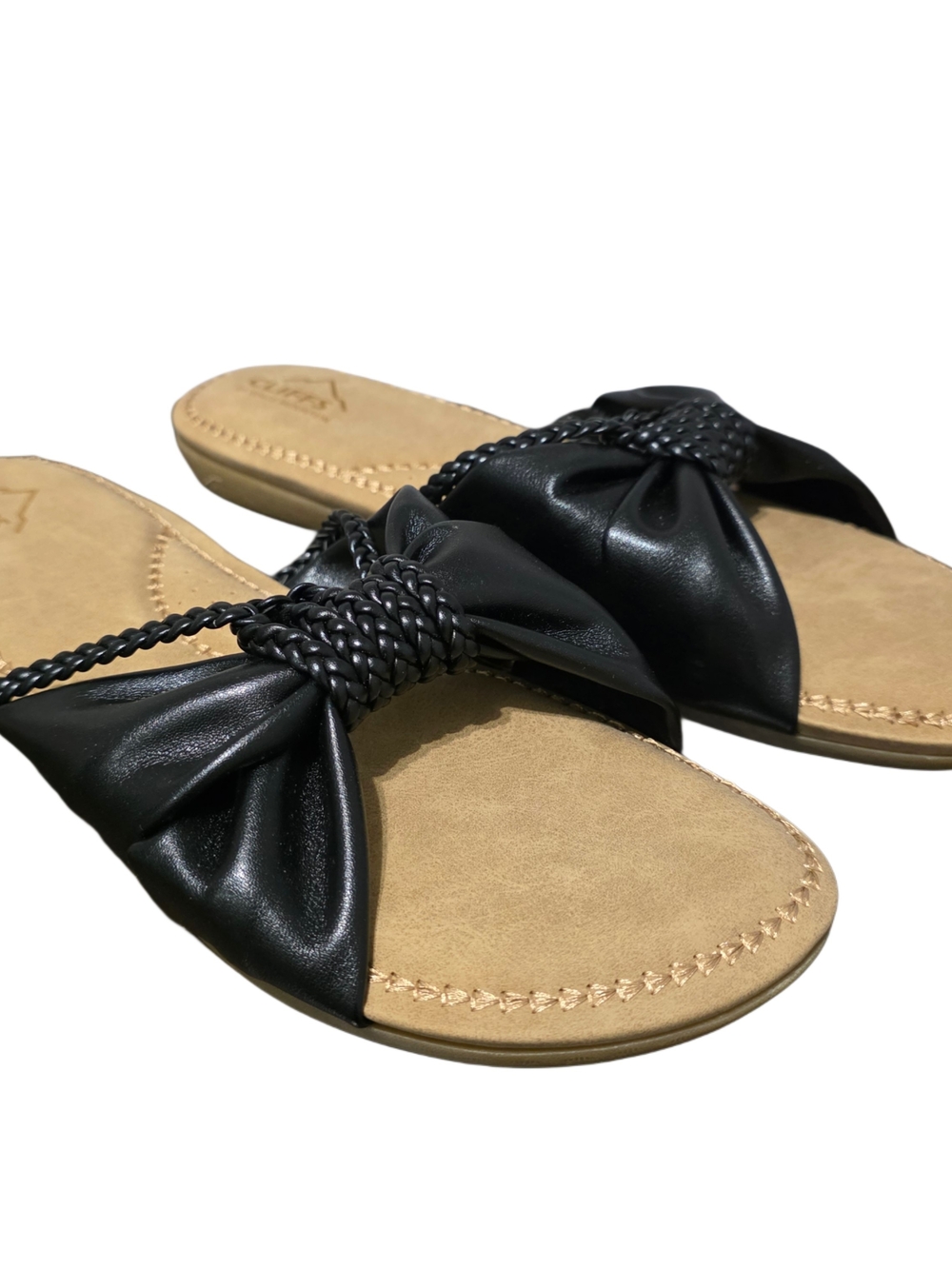 Cliffs by WHITE MOUNTAIN Black Braided Bow Slide Sandals